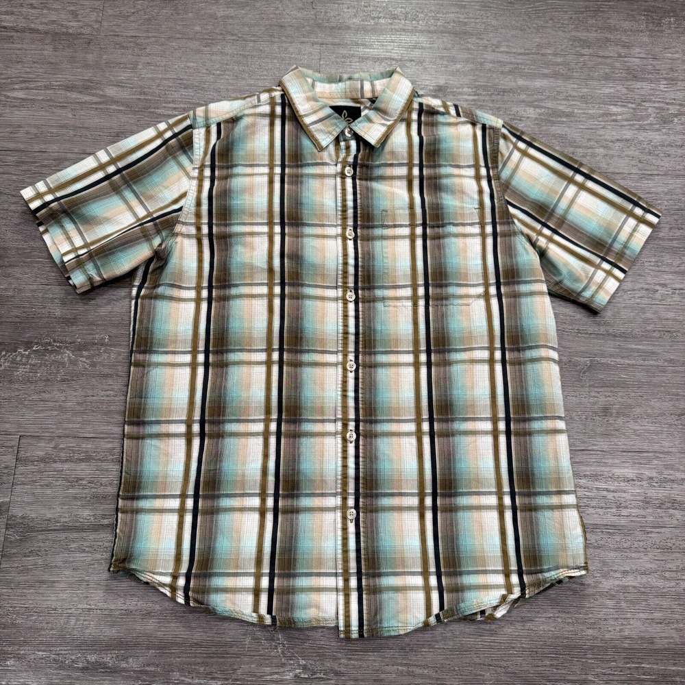 Prana Shirt Mens Small S Teal Brown Plaid Cotton Blend Hiking Outdoor Casual Top